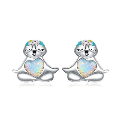 Sloth with Opal Heart Stud Earrings - Figueira