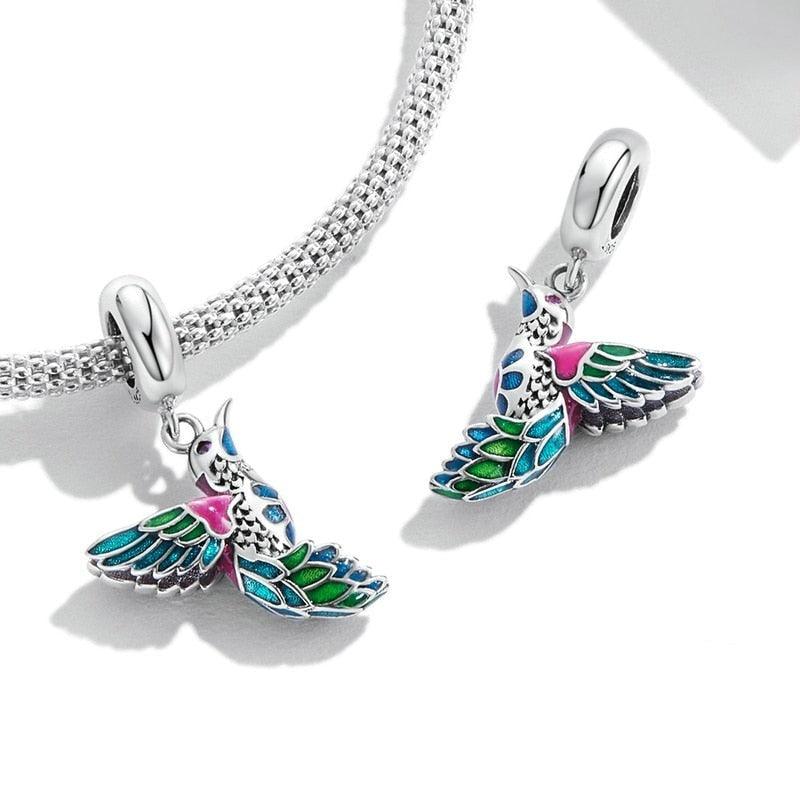 Bird Kingfisher Charm Bead Pendant  - 925 Sterling Silver Fit Bracelet - Figueira